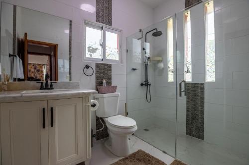 a bathroom with a toilet and a shower and a sink at Cozy home in puerto plata in San Felipe de Puerto Plata