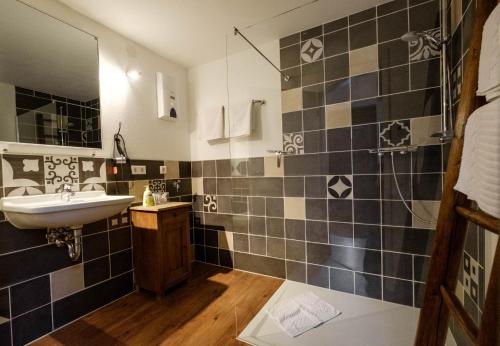 uma casa de banho com um lavatório e um chuveiro em Apartment Bleibe em Besigheim