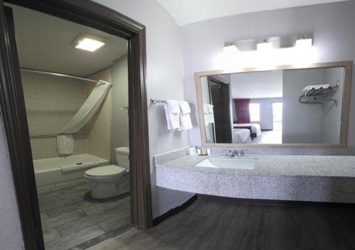 a bathroom with a sink and a toilet and a mirror at Western Inn in Forest Park