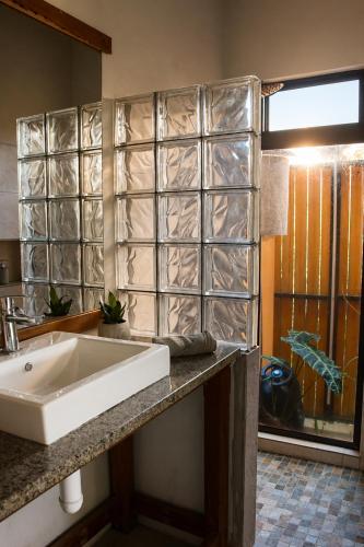 a bathroom with a sink and a glass wall at Gite des Acacias in Union Vale