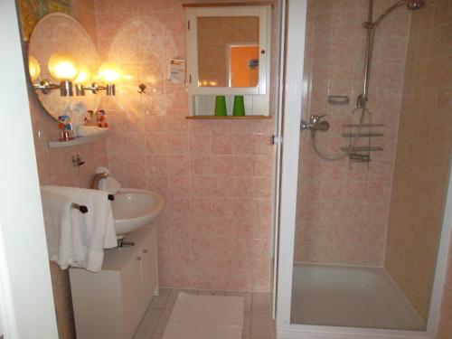 a bathroom with a shower and a sink at Gasthof und Pension Mainzer Rad in Schwetzingen