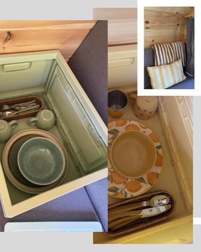 two pictures of a drawer with plates and utensils at Obstgarten im Warnetal- Campingfass Wabe in Gielde
