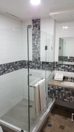 a bathroom with a glass shower and a sink at Corinto Hotel in Mexico City