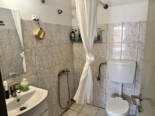a bathroom with a shower with a toilet and a sink at Waves of Millos in Skopelos Town