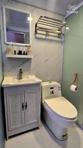 a bathroom with a white toilet and a sink at Tevani Glamping in Gyulagarak