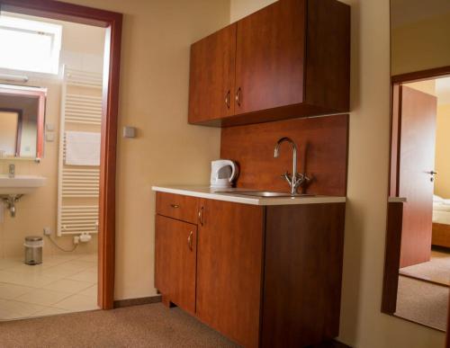 a small kitchen with a sink and a bathroom at Hotel Rudka in Kunštát