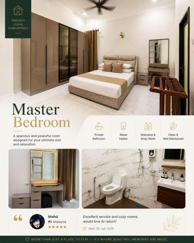 a website for a master bedroom with a bed and a bathroom at Husna WhiteStay Modern Luxury Family Home spacious 1700sqft Gated Parking in Bukit Payong