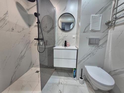 a bathroom with a shower and a toilet and a sink at 2-room apartment with separate rooms in Narva