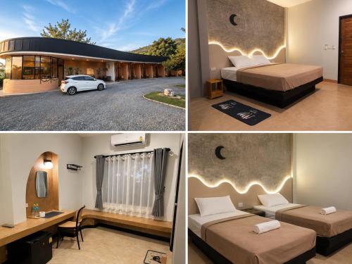 three pictures of a room with two beds and a car at JanJao Resort in Nakhon Sawan