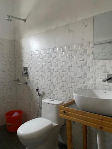 a white bathroom with a toilet and a sink at Tsogstot residency in Deskit