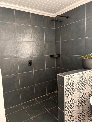 a bathroom with a shower with gray tiles at Eight Umdoni North in Pennington