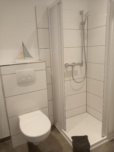 a white bathroom with a toilet and a shower at Fischstübchen Neeberg Fewo 5 – Bootshaus in Krummin
