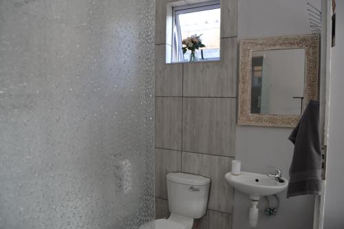 a bathroom with a toilet and a sink and a mirror at Cozy Rustic Cottage in Windsor Park