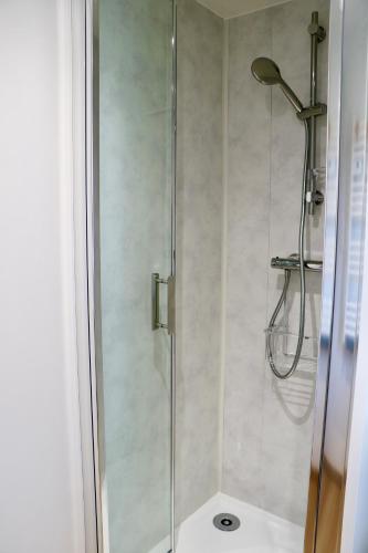 a bathroom with a shower with a glass door at Chalet l'Escale du Cèdre in Rivières