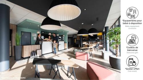 a rendering of a restaurant with people standing at a counter at B&B HOTEL Compiègne in Compiègne