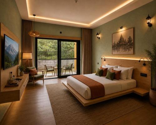 a bedroom with a large bed and a balcony at Heritage Resort's Jageshwar in Jageshwar