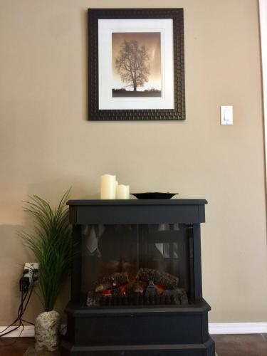 a fireplace with candles and a picture on the wall at Evergreen Bed & Breakfast in Hope