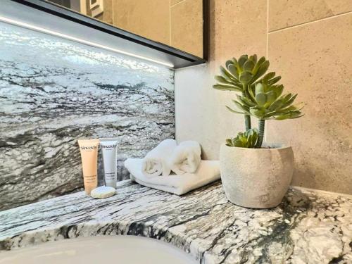 a bathroom with a sink with a painting on the wall at 2BR Elevated Living Suite in Campbell