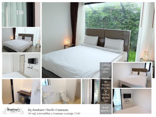 un collage de fotos de un dormitorio con cama y ventana en me2 Singhamuntra Resort Kamphaengsaen en Kamphaeng Saen