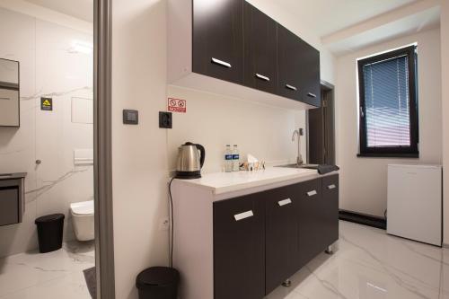 a kitchen with black cabinets and a sink and a toilet at Mayor Pension in Komárno