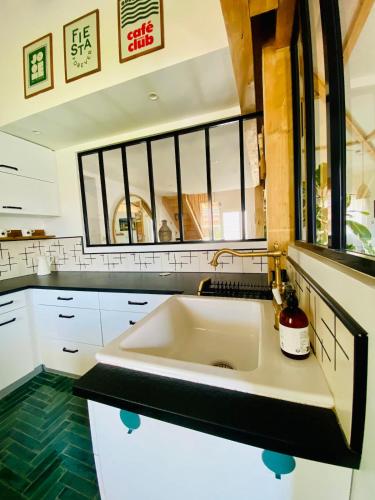 a kitchen with a sink and a counter top at Villa between forest and ocean in Labenne