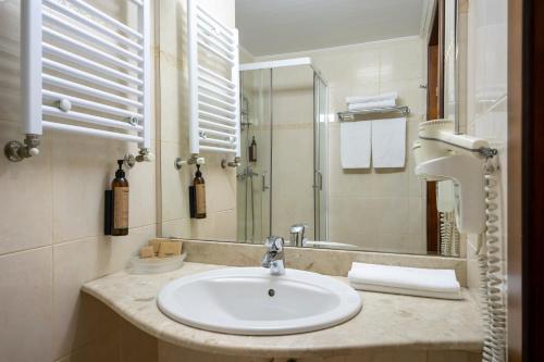 a bathroom with a sink and a mirror at Hotel Sarmis in Deva
