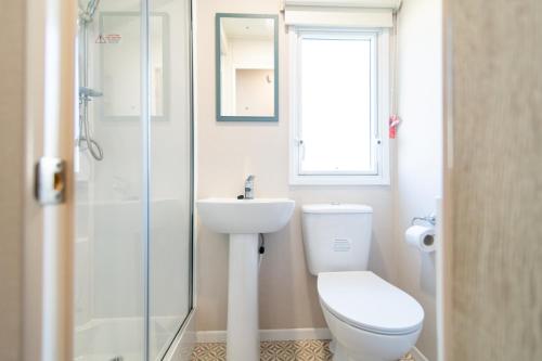 a bathroom with a toilet and a sink and a shower at Brynteg Coastal & Country Retreat in Caernarfon