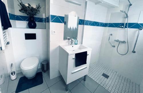 a bathroom with a toilet and a sink and a shower at Au petit Chapeau Rouge in Clisson