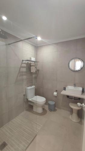 a bathroom with a toilet and a sink and a mirror at Smaragda Hotel in Marathokampos