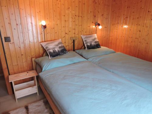 two twin beds in a room with wooden walls at Chez Aless in Ovronnaz