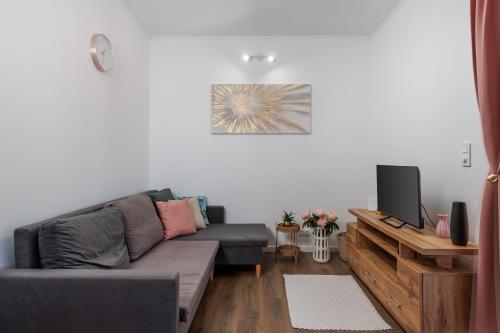 a living room with a couch and a tv at Rose Diamond Villa - cosy, large, family mobile home, free wifi and parking in Pakoštane