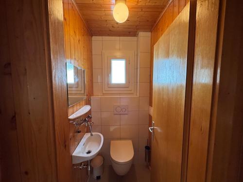 a small bathroom with a toilet and a sink at Chez Aless in Ovronnaz