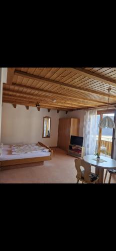 a large room with a bed and a table at Gästehaus Bettina in Sipplingen