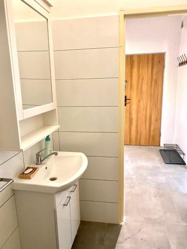 a bathroom with a sink and a mirror and a door at Grądy-Woniecko Place in Grądy