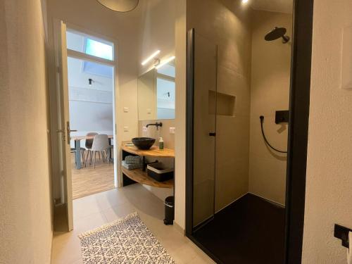 a bathroom with a walk in shower next to a door at Schwarzfabrik in Bad Dürkheim