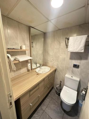 a bathroom with a toilet and a sink and a mirror at Carmen Suite in Esenyurt