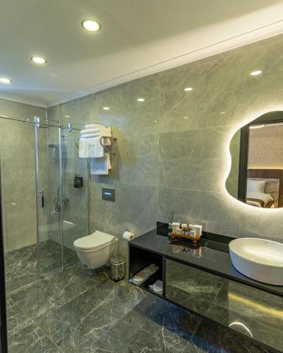 a bathroom with a toilet and a sink and a shower at Rossa Marin Hotel in Darıca