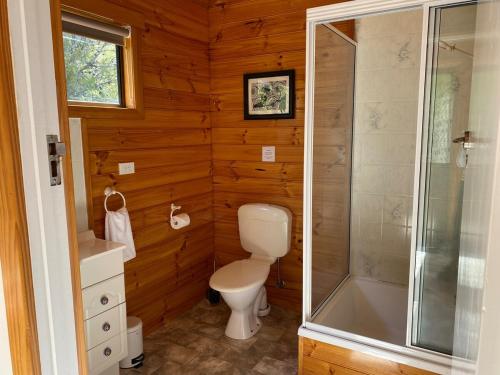 a small bathroom with a toilet and a shower at Stewarts Bay Retreat in Port Arthur
