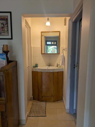 a bathroom with a sink and a mirror at Amore Holiday Home in Canacona