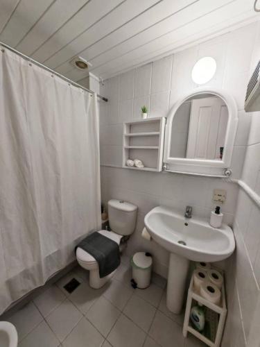 a bathroom with a sink and a toilet and a mirror at Hidden Gem Convenient & Spacious in Andros