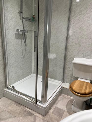 a bathroom with a shower with a toilet at Owl Barn in King's Lynn