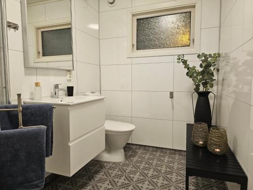 a white bathroom with a toilet and a sink at Senja Sjøtun House in Senja