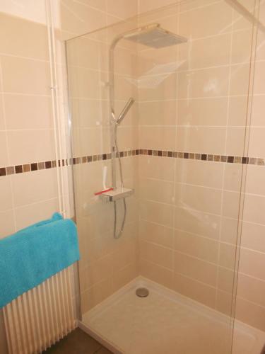 une douche avec une porte vitrée dans une salle de bain dans l'établissement Cammas de Bas, à Montréal