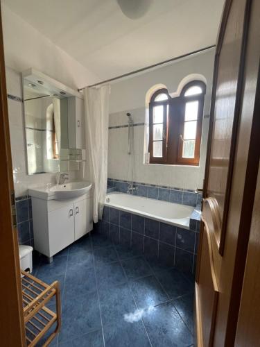 a bathroom with a tub and a sink and a mirror at Villa Nona with swimming pool in Dornberk
