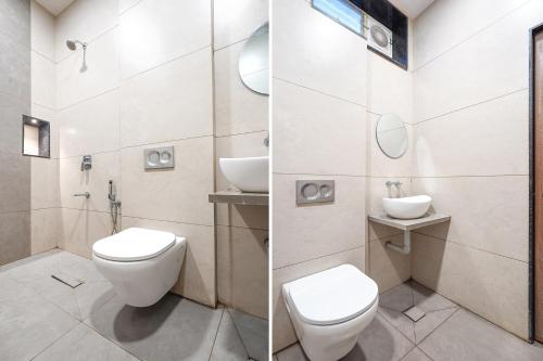 two pictures of a bathroom with a toilet and a sink at FabHotel A Square - 400m from Bhimavaram Junction in Bhīmavaram