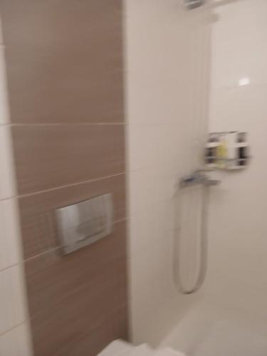 a bathroom with a shower with a glass door at Πόλη της Κέρκυρας διαμέρισμα in Corfu