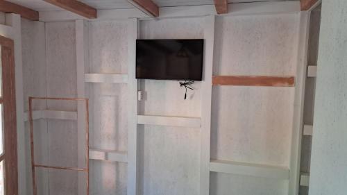 a room with a tv on a wall with shelves at Căsuța Veselă in Tătuleşti