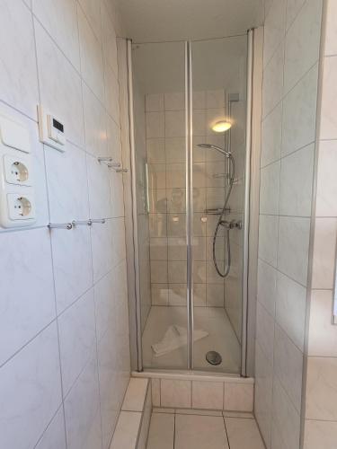 a shower with a glass door in a bathroom at 4 Sterne Dtv Floating House in Kröslin