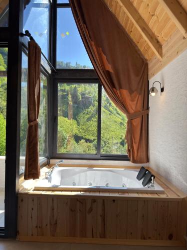 a bath tub in a room with a window at Ponte Butik Otel in Çamlıhemşin