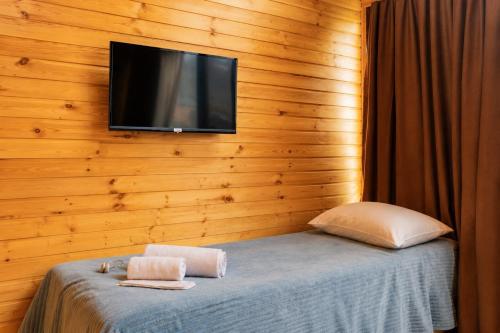 a bedroom with a television on a wooden wall at Kazbegi 4 side cottages in Kazbegi